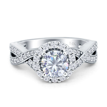 Round Halo Split Shank Twisted Gold Ring
